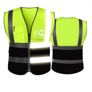 Reflective Safety Vest Yellow Black Mesh Jacket Breathable with Zipper and Multiple Pockets