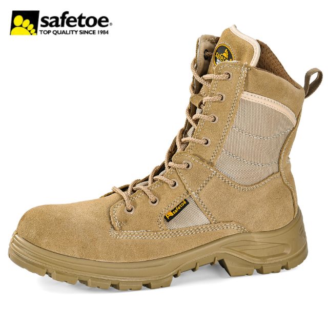 Safetoe H-9438 Beige S1P SR HRO Suede Combat Safety Boots with Steel Toe Cap and YKK Zip