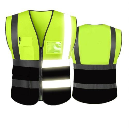 Reflective Safety Vest Yellow Black Mesh Jacket Breathable with Zipper and Multiple Pockets